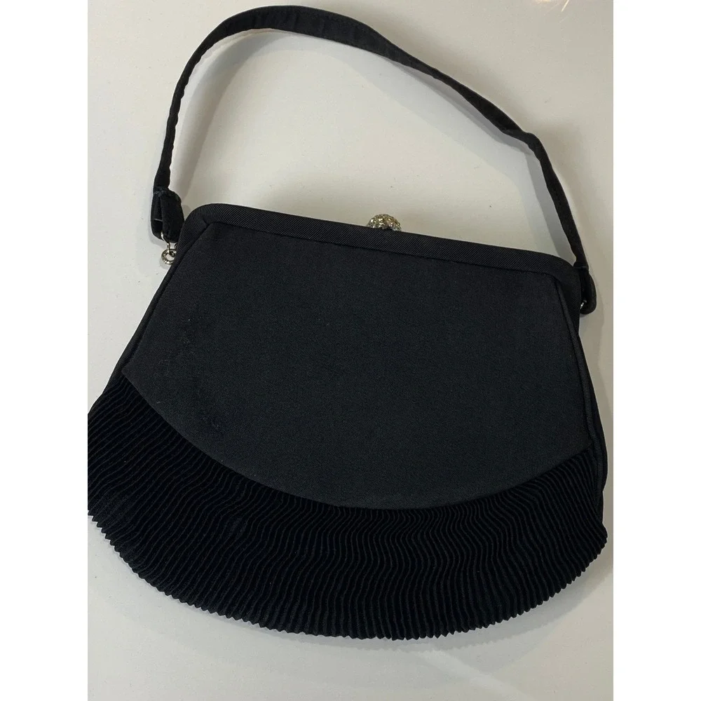 Vintage Black Pleated Clutch Purse Rhinestone Dome Clasp Gold Lining Evening Bag